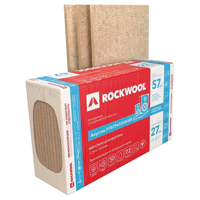 Утеплитель Rockwool Акустик Ультра тонкий базальтовая плита 1000х600х27мм