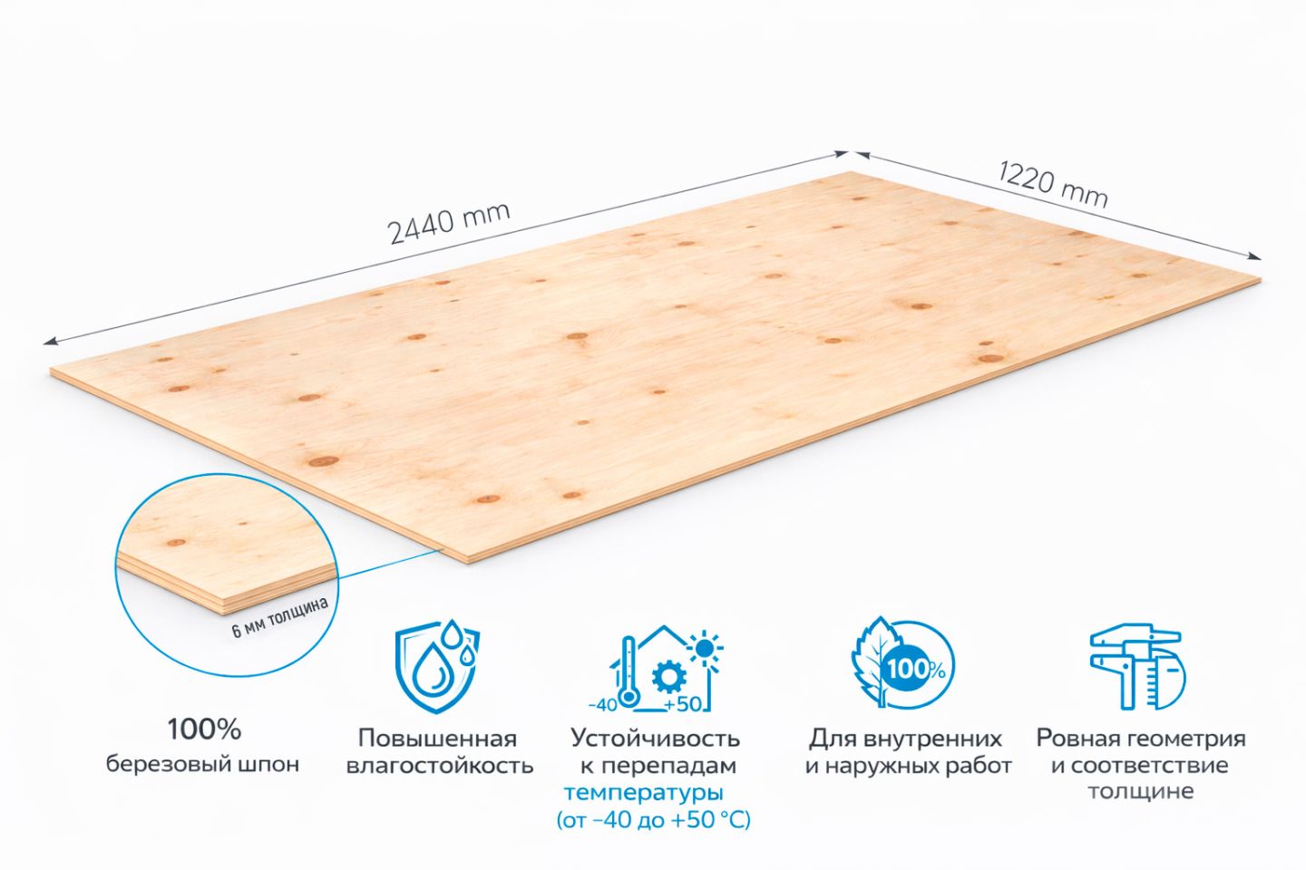 Фанера ФСФ 6мм 2440х1220 мм сорт TS нешлифованная березовая влагостойкая