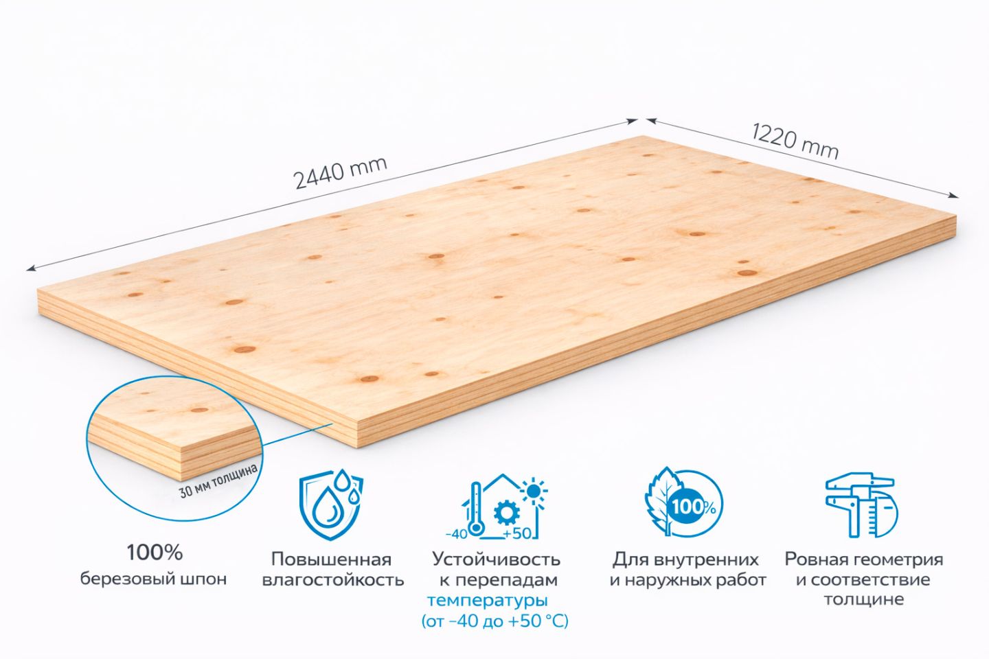 Фанера ФСФ 30мм 2440х1220 мм сорт 2/2 шлифованная Ш2 березовая влагостойкая