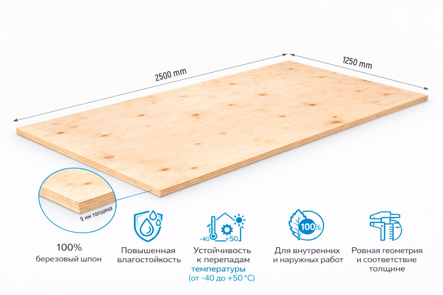 Фанера ФСФ 9мм 2500х1250 мм сорт TS нешлифованная березовая влагостойкая