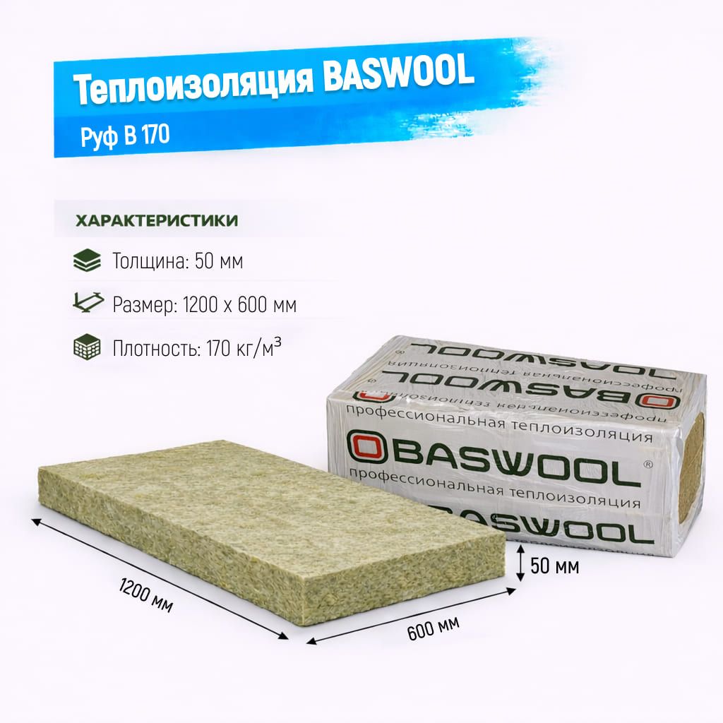 Утеплитель BASWOOL Руф В 170 базальтовая плита 1200х600х50мм