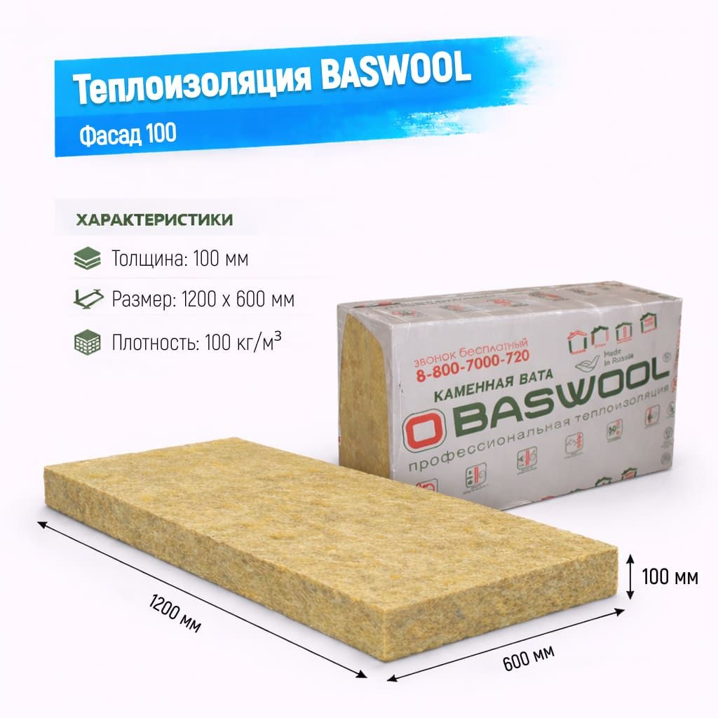 Утеплитель BASWOOL Фасад 100 базальтовая плита 1200х600х100мм