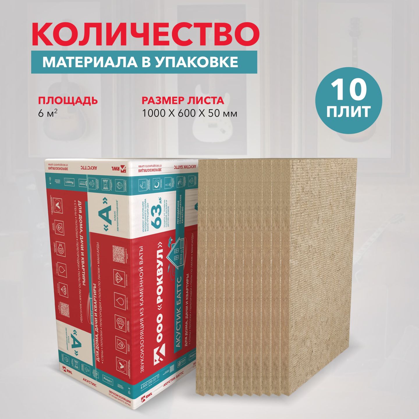 Утеплитель Rockwool Акустик Баттс базальтовая плита 1000х600х50мм