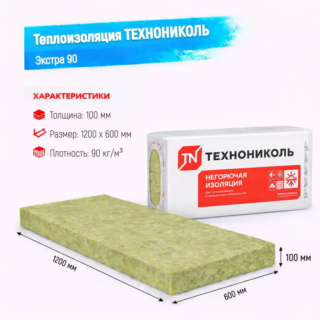 Утеплитель ТехноНИКОЛЬ Технофас Экстра плита 90 100 мм 1200х600 мм минеральный (базальтовый)