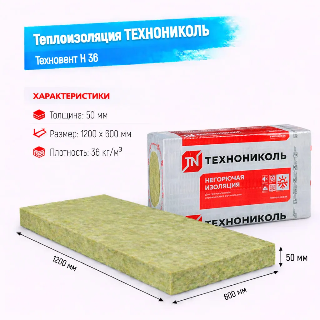 Утеплитель ТехноНИКОЛЬ Техновент Н плита 36 50 мм 1200х600 мм минеральный (базальтовый)