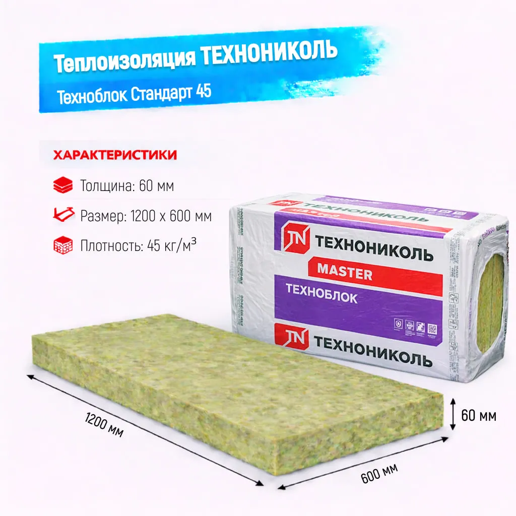 Утеплитель ТехноНИКОЛЬ Техноблок Стандарт плита 45 60 мм 1200х600 мм минеральный (базальтовый)