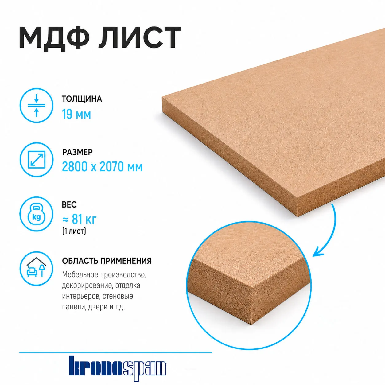Плита МДФ Kronospan шлифованная 19мм 2800х2070 мм 1 сорт Kronospan