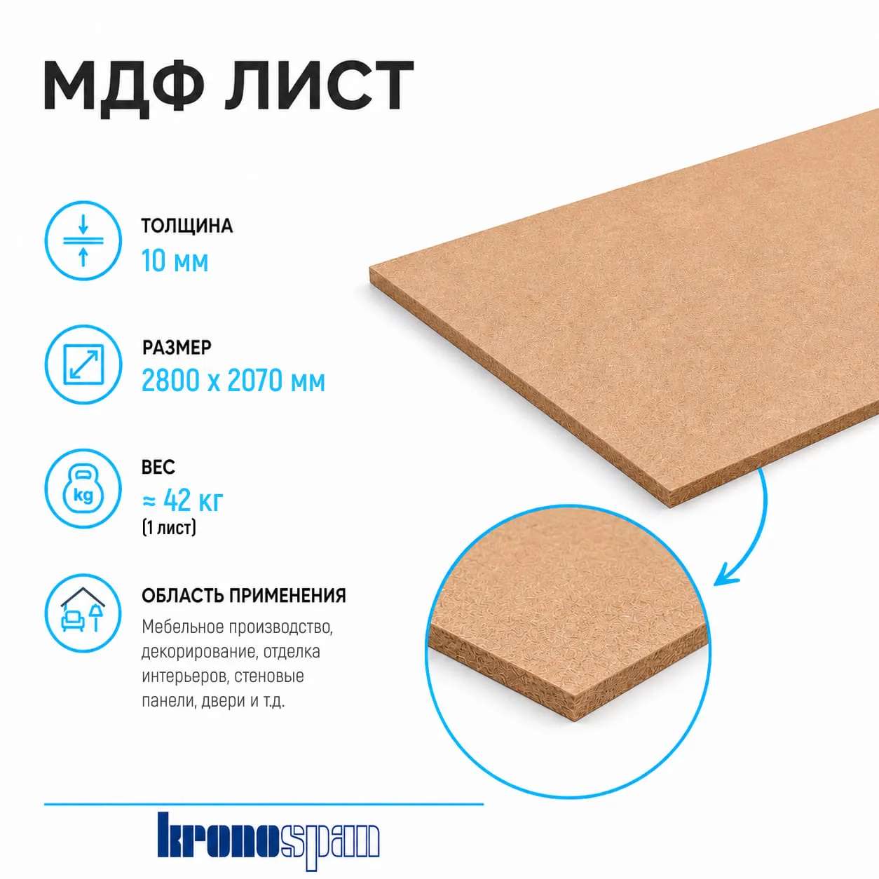 Плита МДФ Kronospan шлифованная 10мм 2800х2070 мм 1 сорт