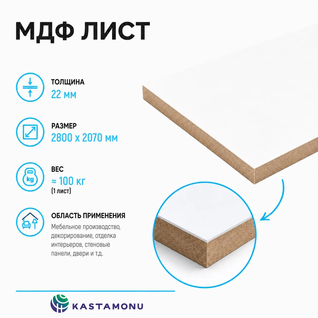 Плита МДФ Kastamonu FM ламинированная 22мм 2800х2070 мм Белый