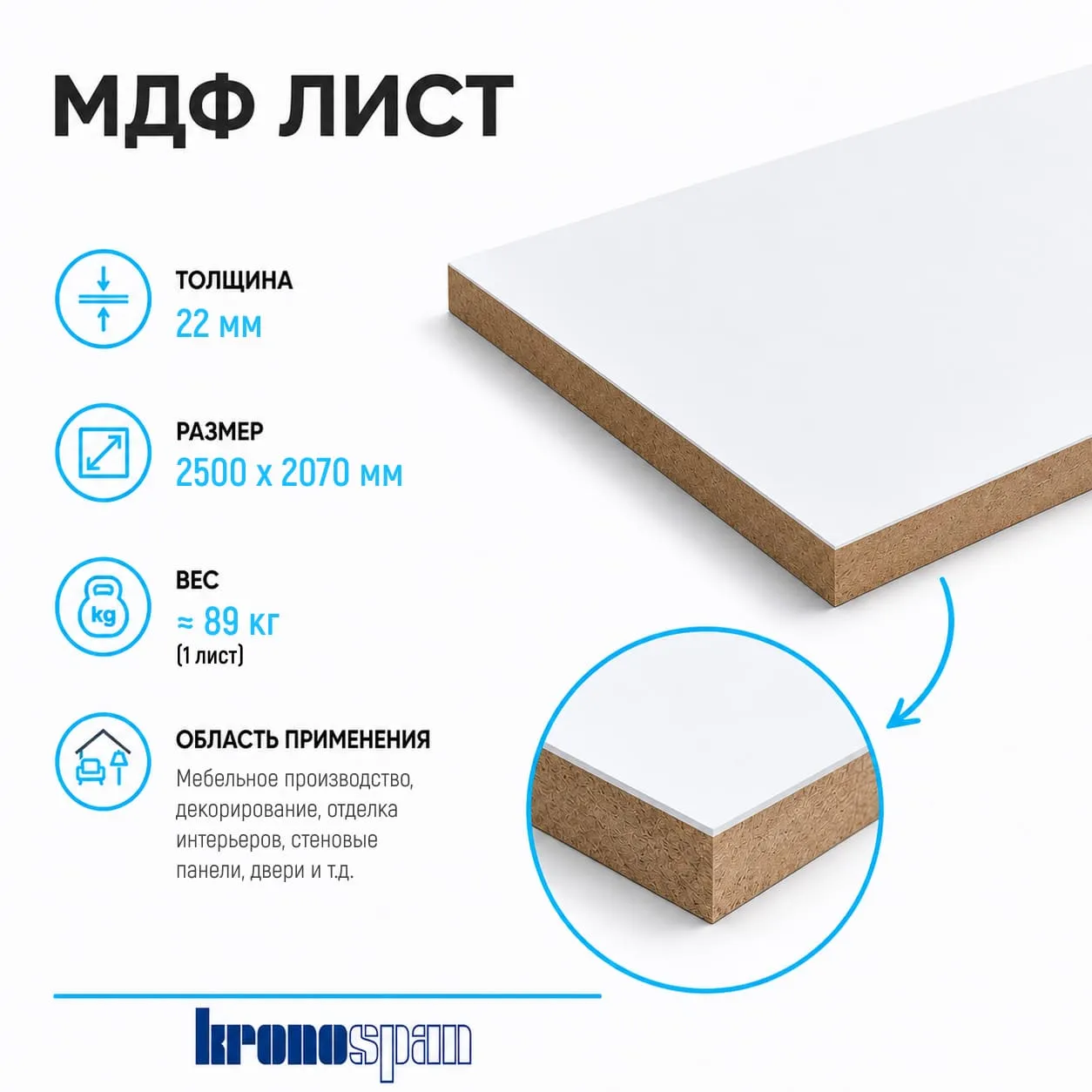 Плита МДФ Kronospan ламинированная 22мм 2500х2070 мм 1 сорт Kronospan