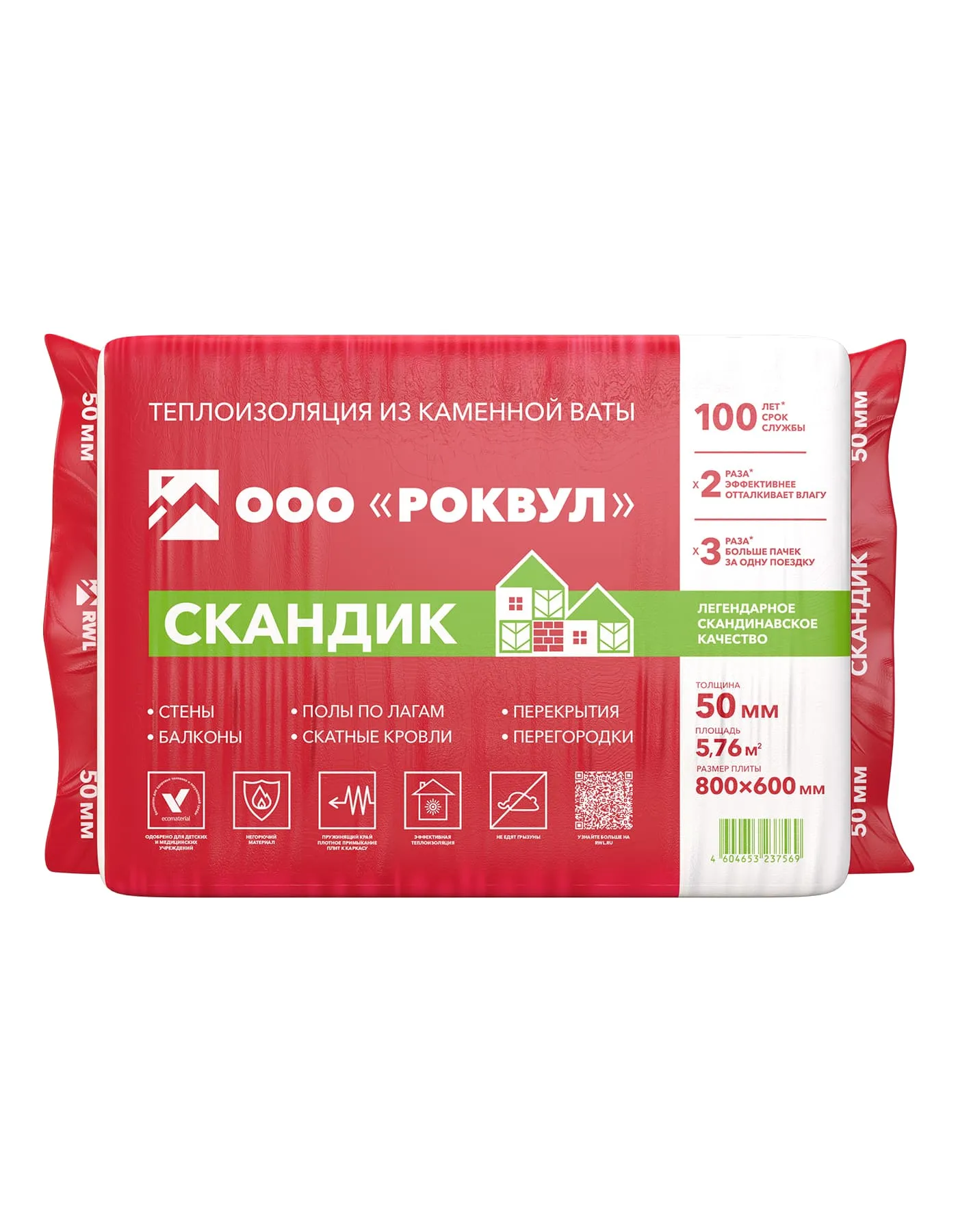 Утеплитель Rockwool Лайт Баттс Скандик 32 базальтовая плита 800х600х50мм